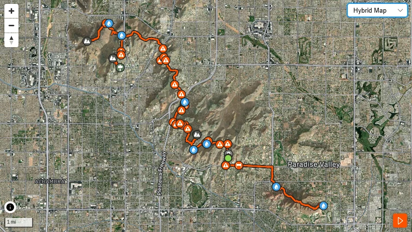 Map of the Phoenix Phearsome Phour 70K route linking Camelback Mountain, Piestewa Peak, North Mountain, and Shaw Butte