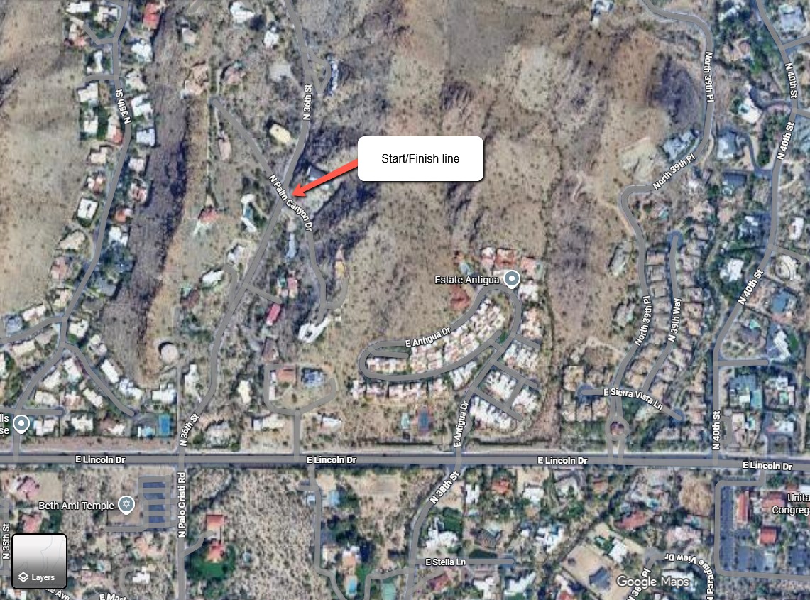 Satellite map showing the Phoenix Phearsome Phour 70K start and finish line on 36th St at Pima Canyon Dr, at the entrance to the Phoenix Mountain Preserve